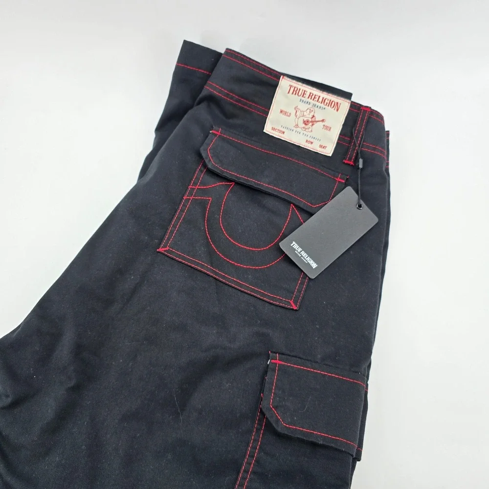 True Religion Cargo Pants Mens Contrast Stitch Jet Black Red 108335 Size 34 NWT